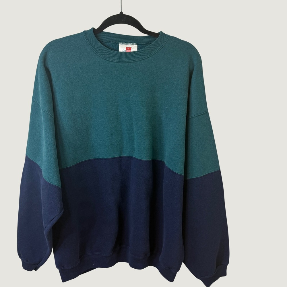 Vintage Hanes Premium Sweatshirt Mens XXL Teal Navy Colorblock Streetwear USA
